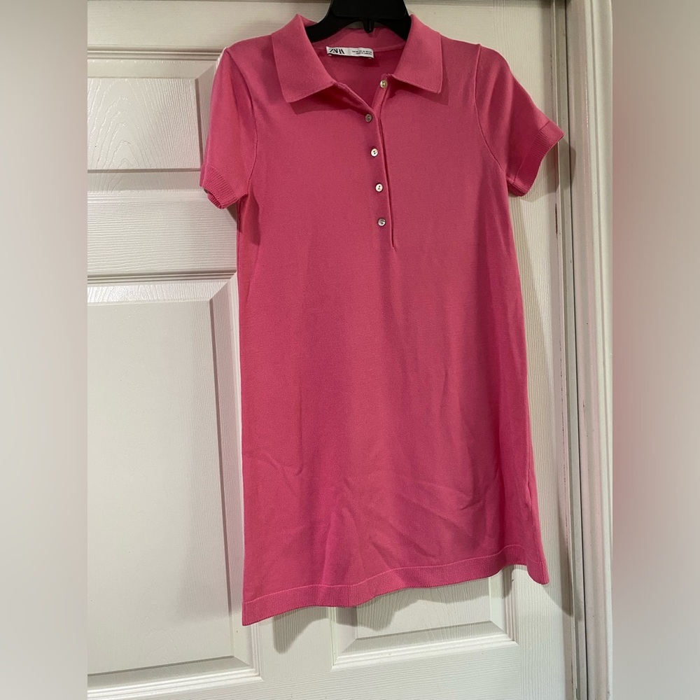 Zara Women's Basic Short Sleeve Short Knit Polo Dress Pink XS